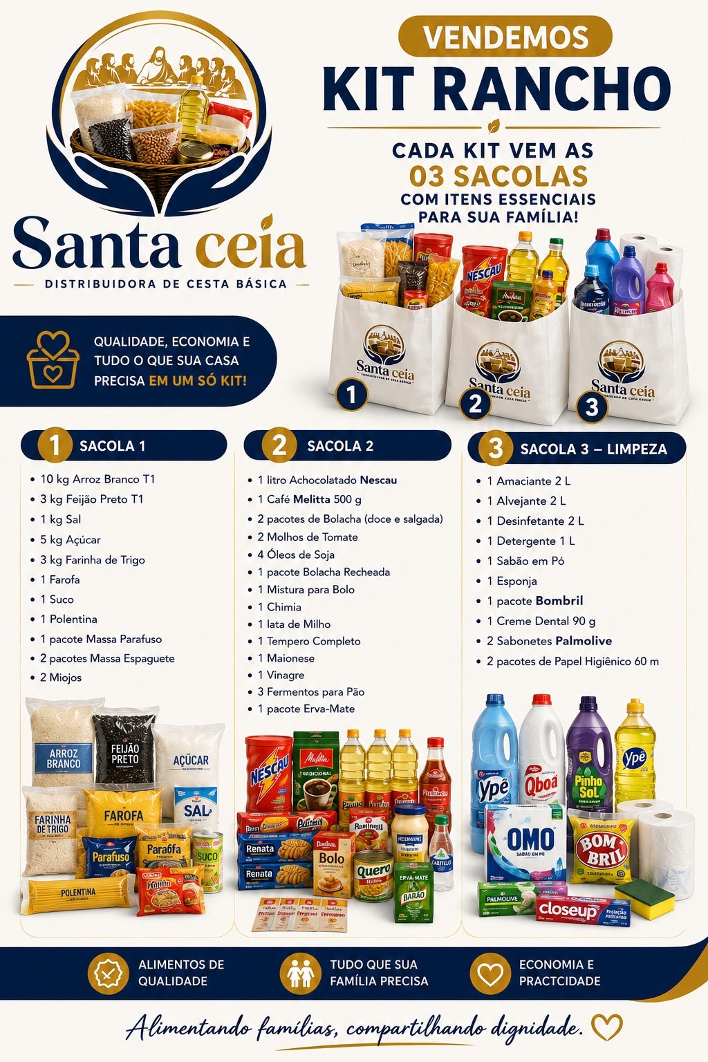 Kit rancho Santa Ceia com as 3 sacolas de itens essenciais